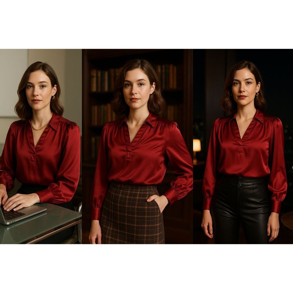 Prophecy Women’s Red Satin Blouse XL Quiet Luxury, Fall Layers, Dark Academia